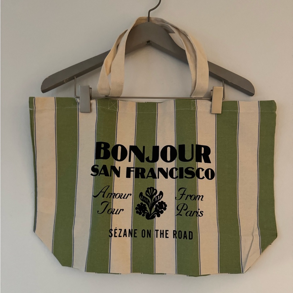 Sezane San Francisco Cotton Canvas Olive Green Striped Tote